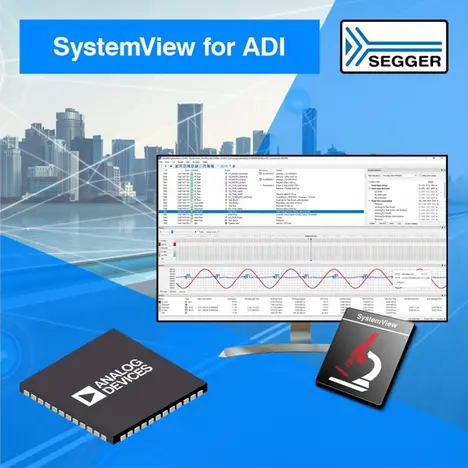 The image features a detailed display of the SystemView software interface on a monitor, showcasing data visualization and configuration options. In the foreground, there is a microchip labeled "Analog Devices" and a black icon representing "SystemView." The background includes a city skyline.