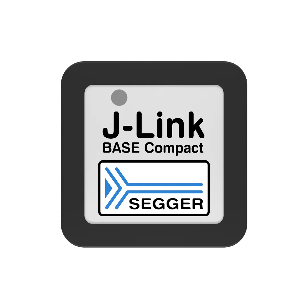 The image features a square device labeled "J-Link BASE Compact" at the top and "SEGGER" at the bottom. The design includes a stylized blue arrow. The background is light grey with a black border framing the device.