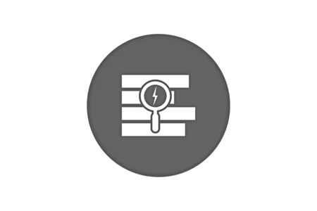 A magnifying glass with a lightning bolt overlaying horizontal lines, symbolizing analysis or investigation in a digital context. The image is set against a dark background within a circular frame.
