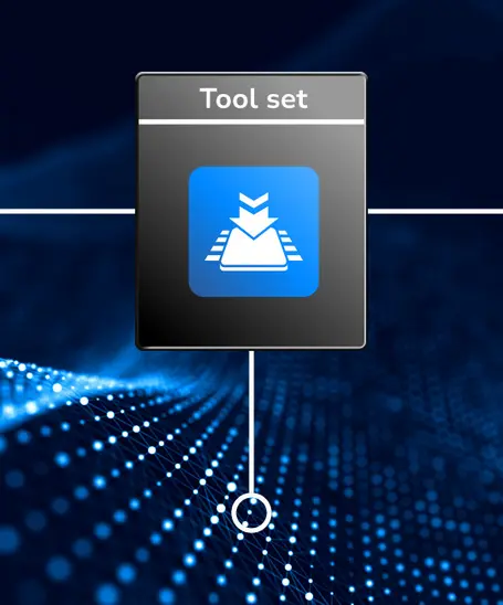 A black rectangular panel labeled "Tool set" features a blue icon depicting a downward arrow with lines beneath it, suggesting downloading or installation. The background consists of a dynamic blue pattern resembling flowing lights or waves.
