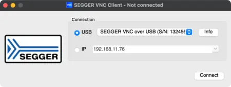 The image displays the SEGGER VNC Client interface. It shows a connection status labeled "Not connected," with options to connect via USB or IP. The USB connection is selected, displaying additional information. An IP address field is available, along with a "Connect" button.