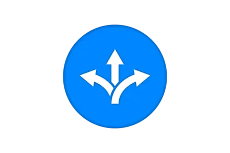 A blue circular graphic featuring three white arrows pointing in different directions: one arrow pointing upward, one curving downward to the left, and the other pointing to the right, symbolizing choices or multiple paths.