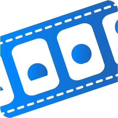 An abstract blue illustration of a film strip with circular sections representing film frames. The design emphasizes a playful, modern look, focusing on the concept of cinema and visual storytelling.