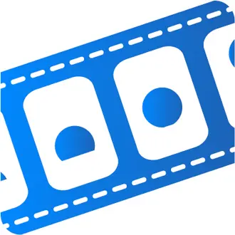 An abstract blue illustration of a film strip with circular sections representing film frames. The design emphasizes a playful, modern look, focusing on the concept of cinema and visual storytelling.