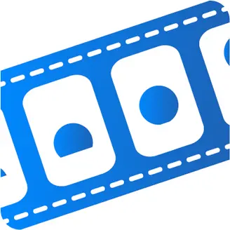 An abstract blue illustration of a film strip with circular sections representing film frames. The design emphasizes a playful, modern look, focusing on the concept of cinema and visual storytelling.