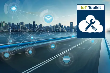 An urban landscape featuring a road with various interconnected icons representing IoT (Internet of Things) devices, such as a cloud, tools, home, bicycle, and vehicle. The image conveys the concept of an IoT toolkit for managing connected devices in smart city environments.
