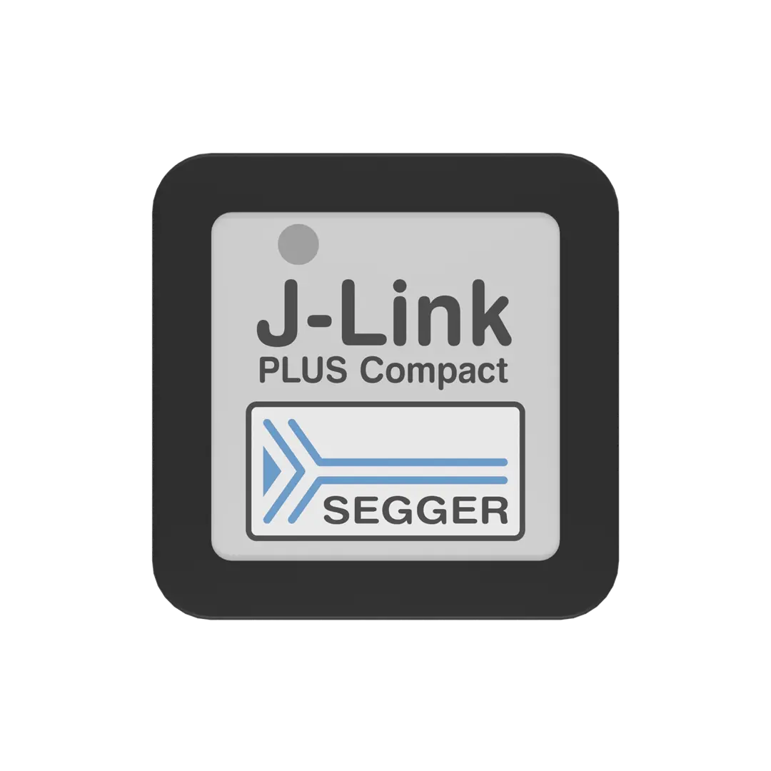 Graphic showing a compact programming tool labeled "J-Link PLUS Compact" with the SEGGER logo. The design features a gray background with black edges and includes an arrow symbol in blue. This tool is used for debugging and programming in embedded systems.