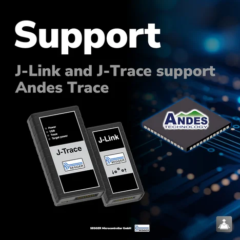 Image features two SEGGER devices labeled J-Trace and J-Link, showcasing their support for Andes Trace. A chipset icon with "Andes Technology" is also present. The background suggests a technology theme with circuit patterns. The text indicates the support and functionalities of the devices.