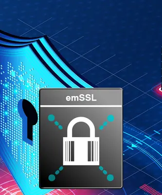 An illustration featuring a padlock symbol, representing security, positioned over a blue digital background. The text "emSSL" is displayed above the padlock, emphasizing the focus on secure electronic transactions or communications.