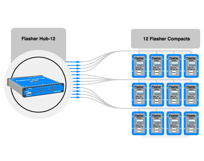 The image illustrates a Flasher Hub-12 connected to 12 Flasher Compact devices. Cables indicate connections from the hub to each compact unit. The hub is centrally placed, highlighting its role in managing multiple flasher devices in a concise configuration.