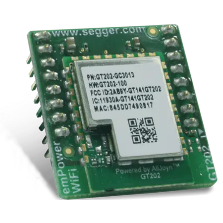 A small green circuit board featuring a central Wi-Fi module. The board includes various electronic components and solder points, with labels indicating product information. It is designed for connectivity applications, emphasizing its role in enabling wireless communication.