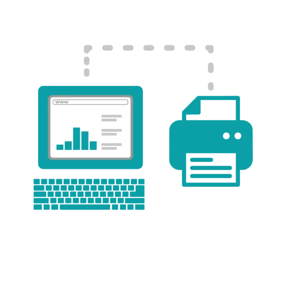 An illustration depicting a computer screen displaying data and a keyboard, connected to a printer. The printer is ready to produce printed documents, symbolizing the process of printing information from a digital source.