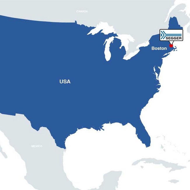 Map of the US highlighting SEGGER office near Boston