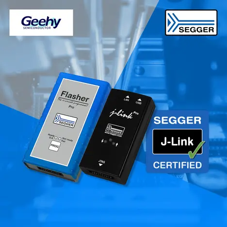 Image shows two programming devices: a blue device labeled "Flasher Pro" and a black device labeled "j-link Pro." Both devices feature logos from SEGGER and are set against a blue background. A certification badge for SEGGER J-Link is also visible.