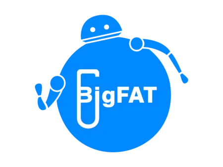 A blue circular logo features a simple robot character and the text "BigFAT" in a modern font. The robot's arms are raised, and it is positioned alongside a test tube graphic, suggesting a theme related to science or technology.