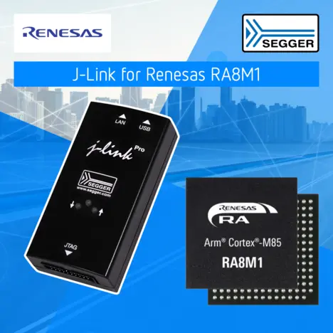 J-Link for Renesas CM85 PR image for press release about J-Link for Renesas CM85, including black J-Link debug probe and Renesas chip