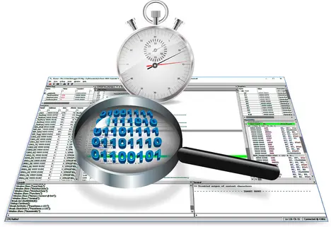 An image featuring a magnifying glass overlaid on binary numbers (0s and 1s), with a stopwatch in the background. The setting includes a computer screen displaying lines of code and data, suggesting a focus on analysis and data observation in a technical environment.