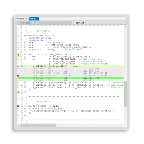 The image displays a portion of C programming code for initializing a Basic Software Platform (BSP). It includes function definitions, variable declarations, and memory instructions, focusing on setting up LED control registers and their configuration parameters.