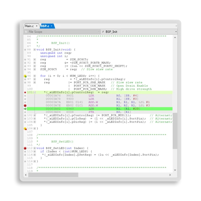 The image displays a portion of C programming code for initializing a Basic Software Platform (BSP). It includes function definitions, variable declarations, and memory instructions, focusing on setting up LED control registers and their configuration parameters.