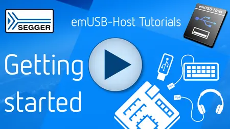 A graphic promoting the "Getting Started" segment of emUSB-Host Tutorials by SEGGER. It features a play button and icons representing USB devices, a keyboard, and headphones, set against a blue background to indicate a focus on tutorial content.
