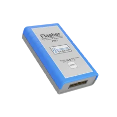 A SEGGER Flasher PRO device, used for in-circuit programming, features a grey body with blue accents. The top has the word "Flasher" and the SEGGER logo, along with status indicators labeled "Ready," "Not ready," and "Fail," plus a "PROG" button.