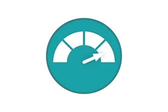 A circular gauge with five segments and a needle pointing towards the highest value, set against a teal background. The design symbolizes measurement or performance metrics.