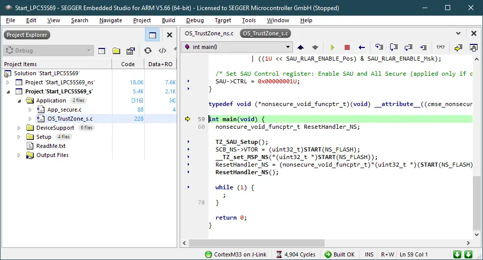The image shows a code editor with a programming file open. Key elements include function definitions and setup code for a microcontroller environment. The highlighted line indicates the beginning of the main function, while adjacent comments provide context for security settings within the code.