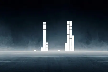 A minimalist digital graphic showing vertical bars of varying heights, symbolizing data or sound waves. The background is dark with a smoky texture, enhancing the stark contrast of the white bars. The composition suggests a sense of rhythm or structure in data visualization.