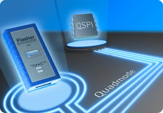 An electronic programming device labeled "Flasher Pro" is shown alongside a microchip marked "QSPI." Blue light accents display connections to the chip, highlighting the term "Quadmode" on the surface. The image emphasizes their technological relationship.