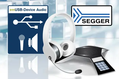 An illustration featuring a headset and a speaker, alongside icons representing audio devices. The text "emUSB-Device Audio" is displayed prominently, along with the SEGGER logo, indicating a focus on USB audio technology.