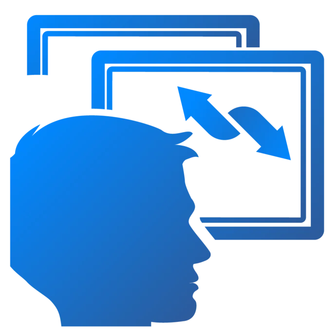 An abstract illustration featuring a silhouette of a person's head facing two overlapping screens. Arrows on the screens indicate a process of exchange or interaction between the person and the digital content. The color scheme is a gradient of blue, emphasizing a tech-oriented theme.