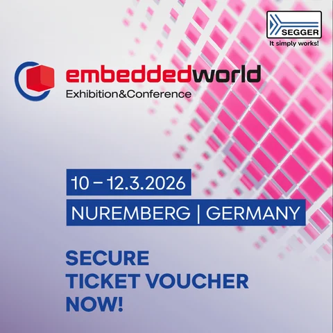 Logo for the Embedded World Exhibition & Conference, scheduled for March 10-12, 2026, in Nuremberg, Germany. Text promotes securing a ticket voucher now.