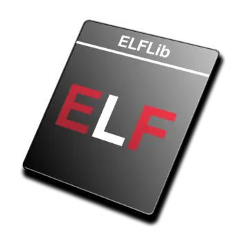 An image of a black rectangular card featuring the text "ELF" in large red letters and "ELFLib" at the top in white. The background is dark with colorful abstract patterns surrounding the card.