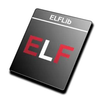 An image of a black rectangular card featuring the text "ELF" in large red letters and "ELFLib" at the top in white. The background is dark with colorful abstract patterns surrounding the card.