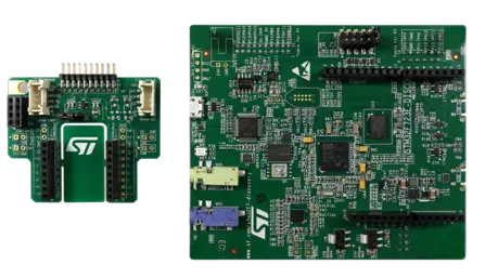 The image displays two green printed circuit boards (PCBs). The larger board includes various electronic components, connectors, and microcontrollers, while the smaller board, positioned on the left, features ports for Grove modules and additional circuitry. Both are labeled prominently with “ST.”