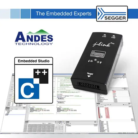 Image shows a SEGGER j-link Pro device, used for embedded programming and debugging. It is placed against a background featuring the Andes Technology logo and an icon representing Embedded Studio with C++ programming. The image focuses on tools for embedded system development.