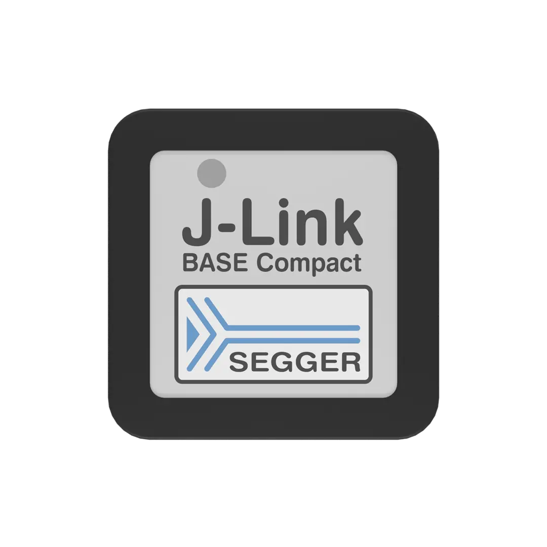 The image features a square device labeled "J-Link BASE Compact" at the top and "SEGGER" at the bottom. The design includes a stylized blue arrow. The background is light grey with a black border framing the device.