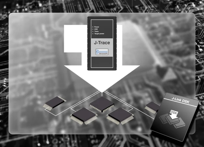 Image depicting a schematic of microcontroller connections. The central component labeled "J-Trace" connects to several smaller microchips, illustrating a data flow. There are indicators for power and USB connections. The background features a circuit board design, enhancing the technical theme.
