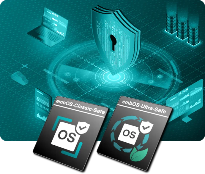 An illustration featuring a central shield with a keyhole, symbolizing security. Surrounding it are icons of laptops, data charts, and buildings. At the bottom, two badges labeled "embos-Classic-Safe" and "embos-Ultra-Safe" highlight safety features related to operating systems.