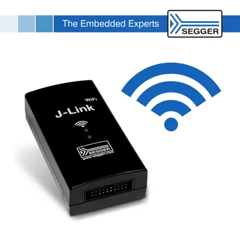 A black J-Link WiFi device is shown, featuring the name "J-Link" and a WiFi symbol. The device has indicator lights on its front and a connector port on the bottom. The background is plain, emphasizing the product.