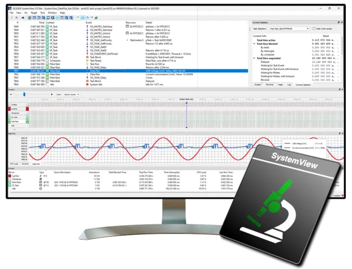 A computer monitor displays the SEGGER SystemView software interface, showing detailed statistics of tasks and processes, including CPU usage and timing analysis. Graphs represent system performance over time, indicating various metrics like CPU load and USB voltage. The software is used for embedded systems development.