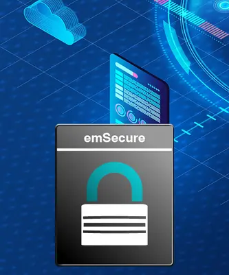 The image features a digital representation of cybersecurity, highlighting the brand "emSecure" alongside a padlock symbol, indicating security and protection of data. A graphical device displaying charts and graphs is present in the background, emphasizing technology and data management.