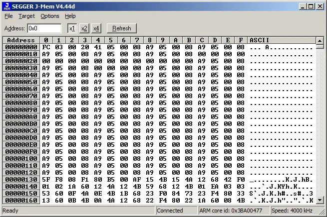 The image shows a software interface for SEGGER J-Mem V4.44d, displaying a hexadecimal memory dump. The layout includes addresses, hexadecimal values, and corresponding ASCII representations, arranged in a grid format. It provides insights into memory data for debugging or analysis purposes.