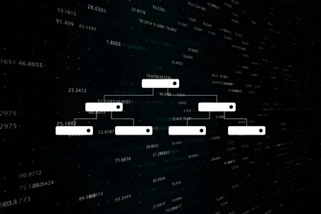 A digital tree diagram with nodes connected by lines is displayed against a dark background filled with data points. The nodes contain numeric values, representing a structured layout of information in a technological context.