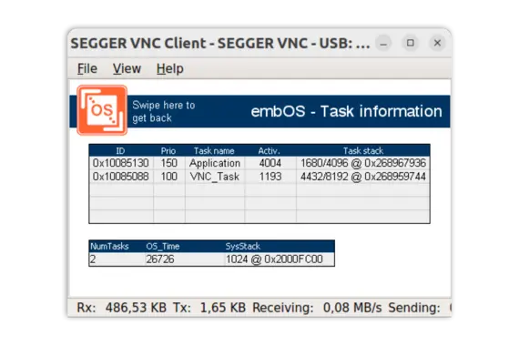 SEGGER VNC Client on Ubuntu connected over USB to a STM32F746-DISCO board running emVNC-Server virtual display playing product demo