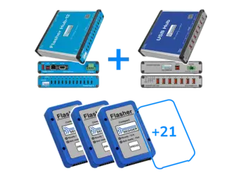 The image displays electronic devices used for programming, including a Flasher Hub-12, a USB Hub, and three Flasher Compact units. The arrangement shows connectivity features, with a visual indicator for the number of additional devices supported. The setup emphasizes ease of programming.