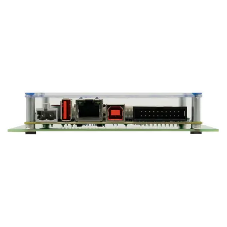 A close-up view of a circuit board featuring various ports. It includes power, Ethernet, and connector ports, displayed in a horizontal orientation, with clear labeling for easy identification. The board is mounted within a transparent case.