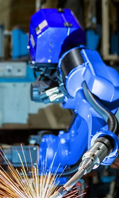A blue robotic arm is depicted, equipped with a welding tool that is producing sparks. The background shows industrial equipment, emphasizing the robotic arm's function in a manufacturing or welding environment.