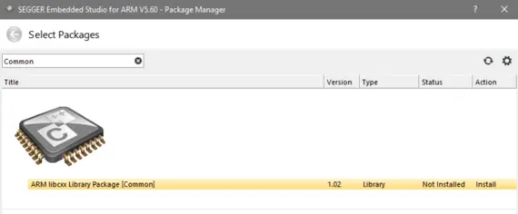 The image shows the SEGGER Embedded Studio Package Manager interface, displaying a selection list for software packages. It highlights the "ARM libcxx Library Package" version 1.02, marked as "Not Installed," with an option to install it.