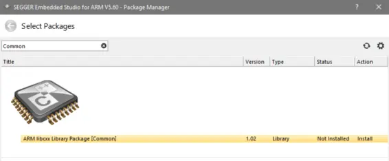 The image shows the SEGGER Embedded Studio Package Manager interface, displaying a selection list for software packages. It highlights the "ARM libcxx Library Package" version 1.02, marked as "Not Installed," with an option to install it.